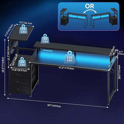 DUMOS L Shaped Gaming Desk with Shelves Storage Drawers 58'', Black Computer Desks with LED Lights Power Outlets, Office Wood Table with PC Stand Cable Management for Bedroom Dual Monitor Streaming