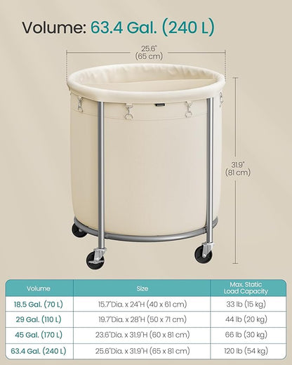 SONGMICS 63.5-Gallon (240 L) Laundry Basket with Wheels, Rolling Round Heavy-Duty Laundry Hamper Cart with Steel Frame and Removable Bag, 2 Locking Wheels, Cream White and Metallic Silver URLS012W01