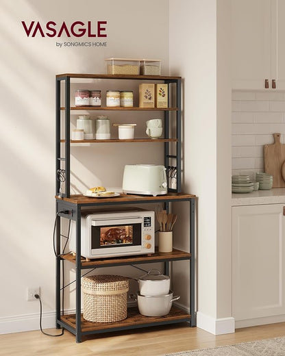 VASAGLE Bakers Rack with Power Outlet, 31.5 Inches Coffee Bar for Kitchen with Storage, 6-Tier Kitchen Shelves with 6 Hooks, Microwave Stand, Industrial, Rustic Brown and Ink Black UKKS119K01