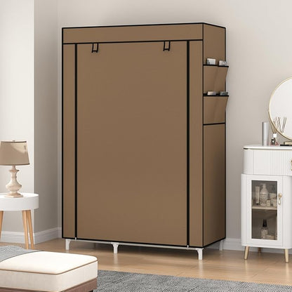 Calmootey Portable Closet Organizers, Clothing Storage, Wardrobe with 6 Shelves and Hanging Rod, Non-Woven Fabric Cover with 4 Side Pockets, Brown
