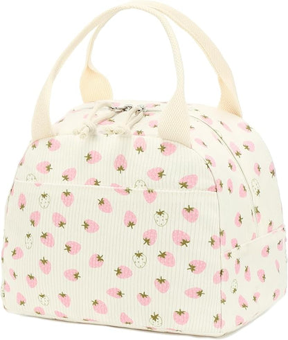 Bluboon Lunch Bag for Women Men Cute Corduroy Lunch Tote Bags Reusable Insulated Lunch Box Large Capacity Reusable Insulated Cooler for Work Picnic or Travel (Beige strawberry)