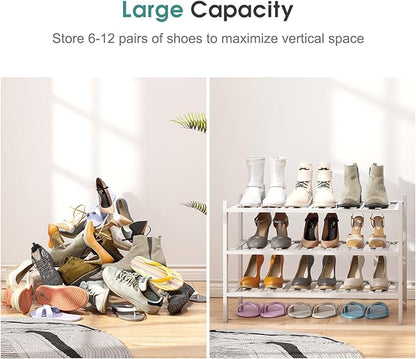 White Shoe Rack, 3-Tier Bamboo Wood Shoe Rack for Closet, Entryway & Hallway, and Stackable Shoe Shelf Storage Organizer for Indoor and Outdoor