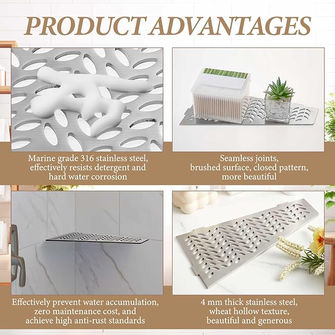 Quadrilateral Corner Shelf for Tiled Walls 12 Brushed 316 Stainless Steel 3/32 Thick Anchor Plate Bathroom Storage Shampoo Holder Organizer Kitchen Shelf