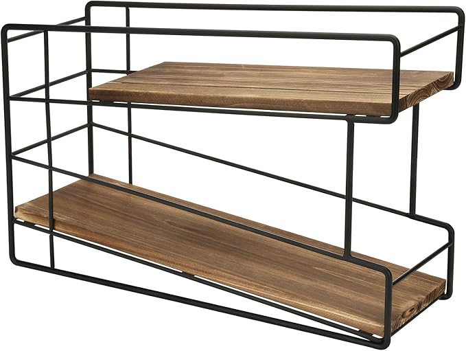 MyGift 2 Tier Stackable Can Holder for Pantry, Can Food Storage Dispenser Rack Organizer, Soda Pop, Pet Cat Dog Food, Rustic Solid Burnt Wood with Black Metal Wire Frame, Front Loading