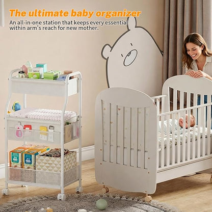 Diaper Caddy Organizer 3-Tier Rolling Cart, Metal Utility Cart with 4+2 Dividers & Lockable Silent Casters, Mobile Storage Cart for Nursery Essentials, Multi-Purpose for Kidsroom Changing Table