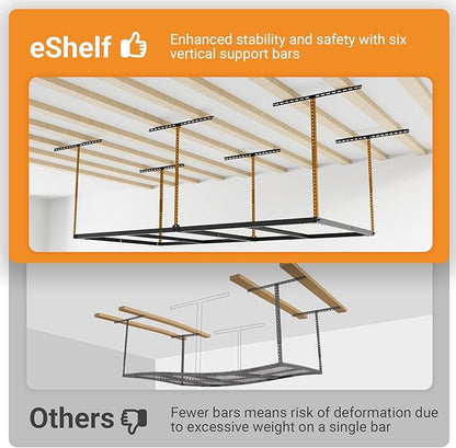 4x8ft Overhead Garage Storage Rack Wooden Decking Not Included, Heavy Duty Metal Rack, Adjustable Ceiling Dropdown, 600lbs Weight Capacity (Black)