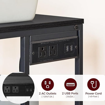 Mobile Printer Stand, 3-Tier Industrial Printer Cart with Power Outlets and 2 USB Ports, Rolling Printer Table on Wheels for Home Offices Kitchen Organization Rack, Black PTHB78E01