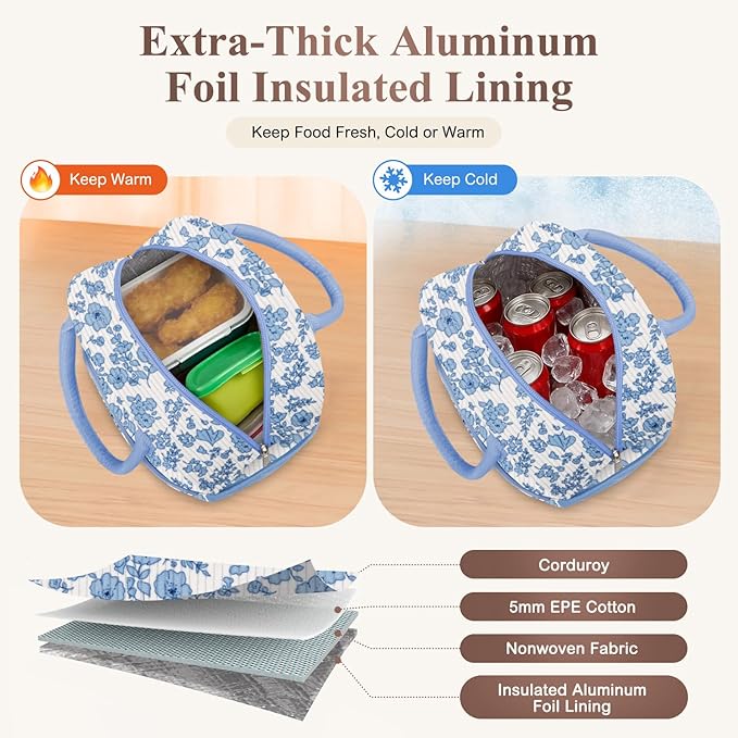 Lunch Bag Lunch Box for Women, Cute Corduroy Insulated Reusable Work Leakproof Simple Adults Large Lunch Boxes Tote Bag Men Cooler Bag
