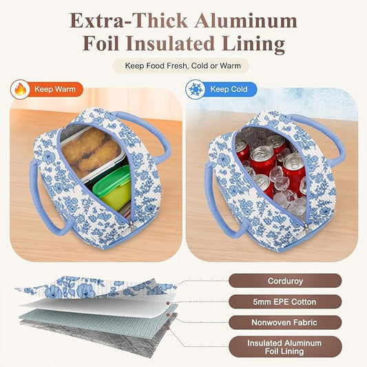 Lunch Bag Lunch Box for Women, Cute Corduroy Insulated Reusable Work Leakproof Simple Adults Large Lunch Boxes Tote Bag Men Cooler Bag