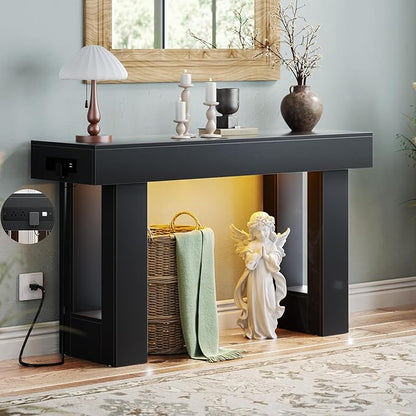 Unikito 47" Entryway Table with Socket and Sensor Light, Narrow Console Table with Storage Behind Couch, Farmhouse Entry Way Tables with Open Storage for Entrance/Hallway/Living Room, Black