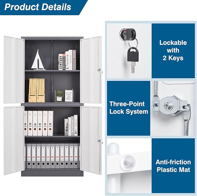 Metal Storage Cabinet with Lock, 71" Tall Steel File Locker with 2 Adjustable Shelves and 4 Doors, Tall Cabinet for Office, Garage, Home, Pantry (Grey White)