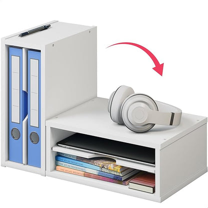 Ballucci File Organizer, 2-Tier Document Paper Sorter, Stackable Wood Desk Organizer Mail Holder, Monitor Stand with Storage Shelves, White