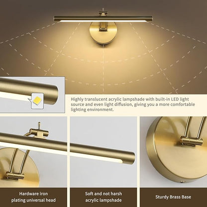 Picture Light Dimmable Hard Wired 15.75 Inch Adjustable Swing Arm Brass Wall Lights for Pictures Led Display Light for Artwork 7W Warm White