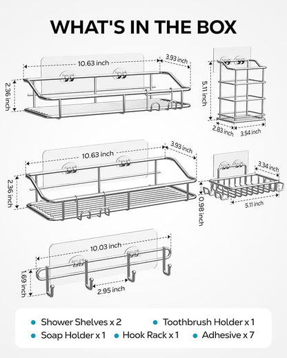 Nieifi Shower Caddy Shelf with Hooks Storage Rack Organizer Adhesive Stainless Steel without Drilling for Bathroom, Lavatory, Washroom, Restroom, Shower, Toilet, Kitchen (Sliver, 5 Pack)