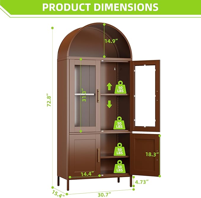 Metal Arched Pantry Cabinet with 2 Drawers,Brown Arched Kitchen Pantry Cabinet with Glass Door for Kitchen Home, Assemble Required,Brown,72.76"×30.83" W×16.10" D