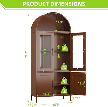 Metal Arched Pantry Cabinet with 2 Drawers,Brown Arched Kitchen Pantry Cabinet with Glass Door for Kitchen Home, Assemble Required,Brown,72.76"×30.83" W×16.10" D