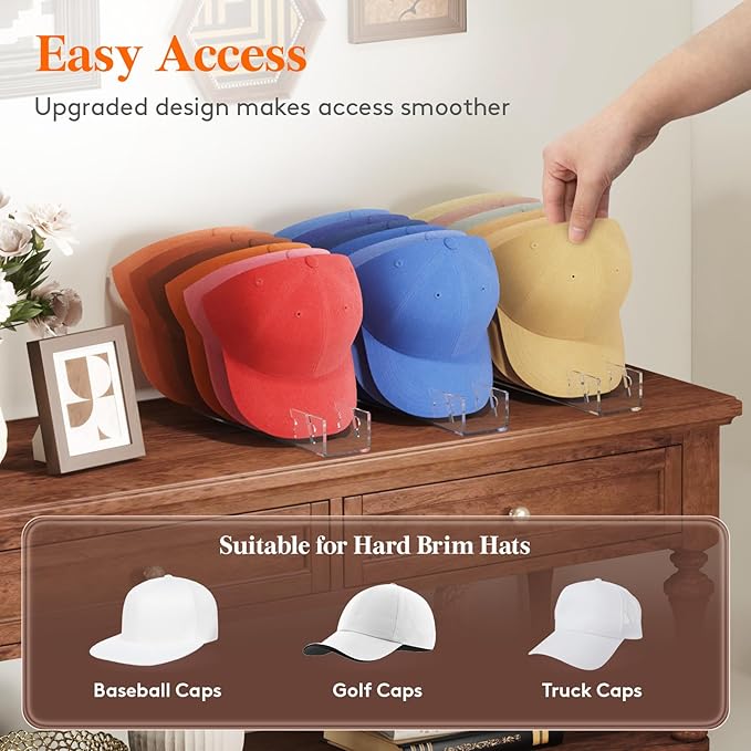 Lifewit 2 Pack Hat Organizer for Baseball Caps, Hat Storage Rack for 14 Ball Caps, Hat Stand Shelf for Trucker Hat and Golf Cap in Closet, Bedroom, Dresser, Clear