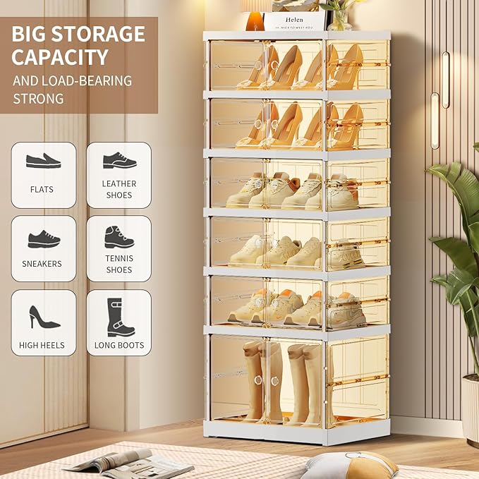 6-Tier Foldable Shoe Rack for Closet Entryway 6-12Pairs,Stackable Clear Shoe Storage Boxes Organizer with Door Plastic Small Shoe Cabinet Bins with Lids Narrow Shoe Shelf Easy Assembly