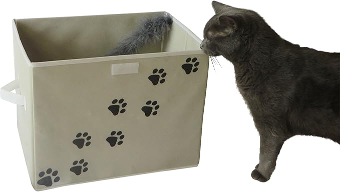 Feline Ruff Large Dog Toys Storage Box. 16" x 12" inch Pet Toy Storage Basket with Lid. Perfect Collapsible Canvas Bin for Cat Toys and Accessories Too! (Tan)