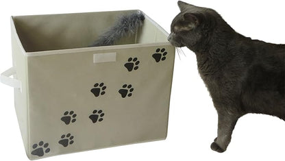 Feline Ruff Large Dog Toys Storage Box. 16" x 12" inch Pet Toy Storage Basket with Lid. Perfect Collapsible Canvas Bin for Cat Toys and Accessories Too! (Tan)