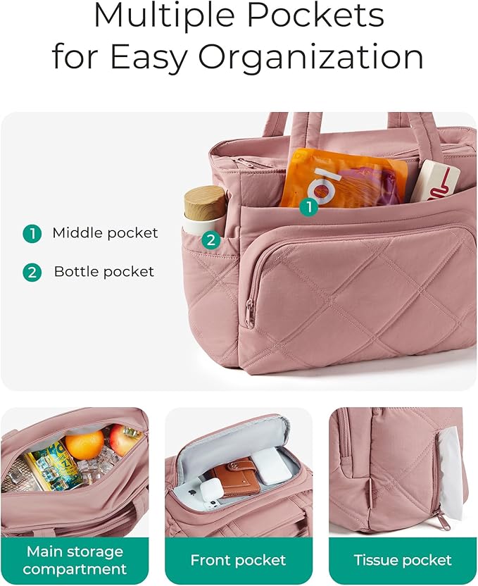 BAGSMART Lunch Bag Women Large Lunch Box Insulated Tote Bag with Multi-Pockets Quilted Puffy Tote for Work, Outdoors