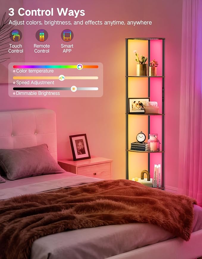 5 Tier Corner Shelf with RGB Lights, Touch & APP & Remote Control, Dimmable Narrow Corner Bookshelf with Music Sync, Display Shelf with Multiple Color Lights for Living Room, Bedroom