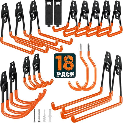 18 Pack Garage Hooks Heavy Duty Utility Steel with Anti-Slip Coating Wall Mount Storage Organizer for Hanging Power and Garden Tools, Ladders, Hose, Bikes, Ropes, Bulk Items, and More
