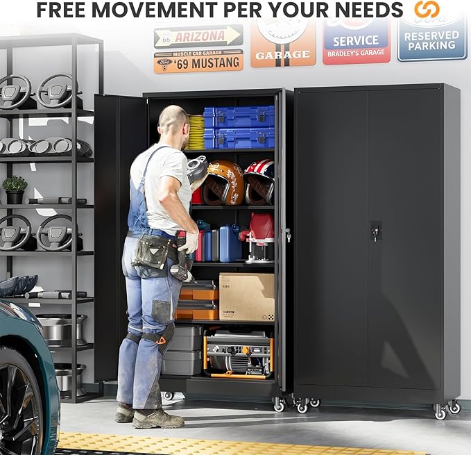 Metal Garage Storage Cabinets with Wheels, Rolling Tool Cabinet with Lock, Locking Garage Caninet on Wheels with Shelves, Steel 2 Door Tall Tool Cabnets for Workshop/Home/Office - (Black 75”H)