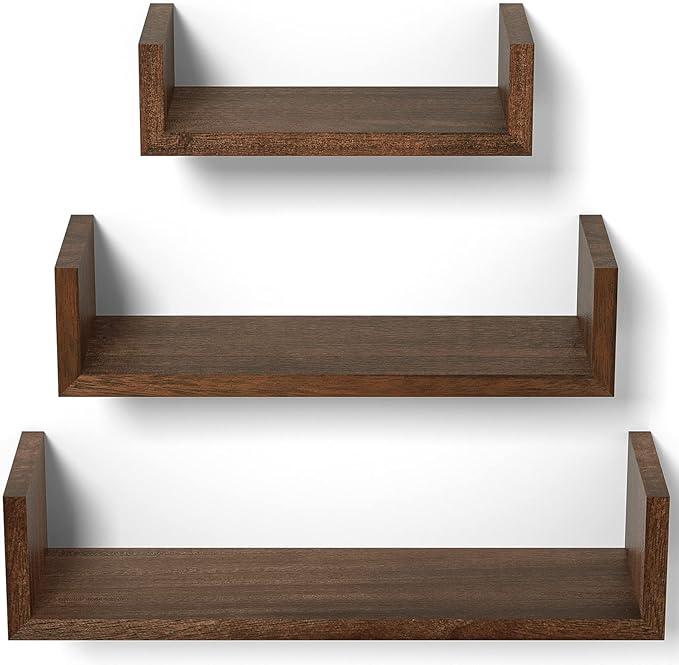 SRIWATANA Floating Shelves Wall Mounted, Solid Wood Wall Shelves Set of 3, Dark Brown…