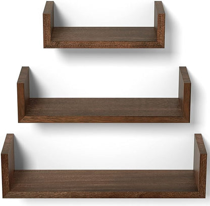 SRIWATANA Floating Shelves Wall Mounted, Solid Wood Wall Shelves Set of 3, Dark Brown…