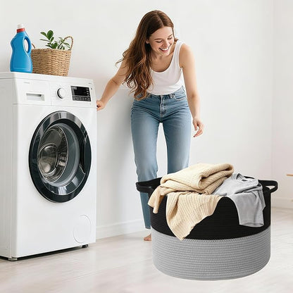 115L Large Blanket Basket,23.6"L x 23.6"W x 15.7"H Rope Woven Baskets with Handles, Toys Storage Bins,Laundry Basket Perfect for Living Room, Nursery,Bedroom,Home Organization,Black&Light Grey