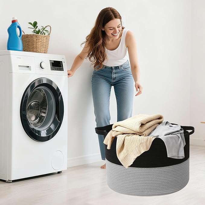 90L Large Blanket Basket,21.7"L x 21.7"W x 13.8"H Rope Woven Baskets with Handles, Toys Storage Bins,Laundry Basket Perfect for Living Room, Nursery,Bedroom,Home Organization,Black&Light Grey
