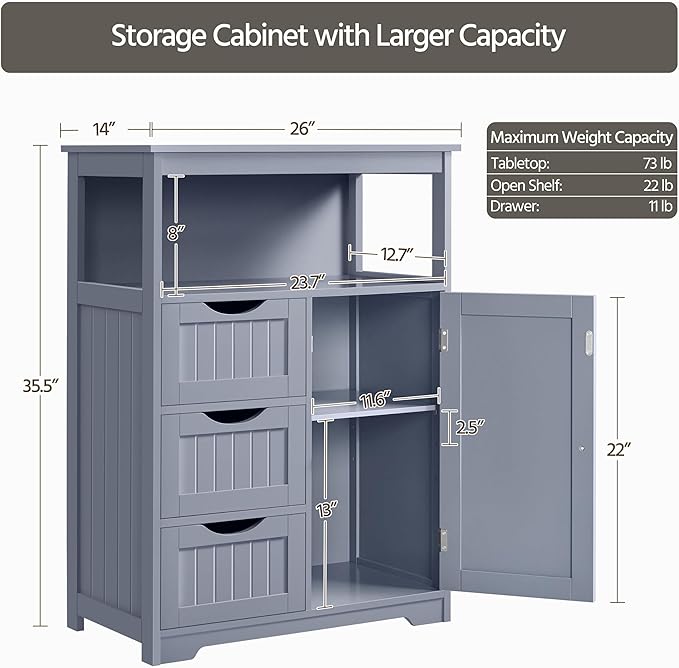 Yaheetech Bathroom Storage Cabinet Bathroom Floor Cabinet Freestanding Storage and Organizer with Door, 3 Drawers, Adjustable Shelf, 35.5 Inches Height, Gray