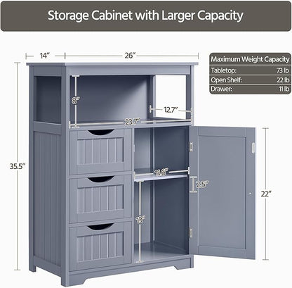 Yaheetech Bathroom Storage Cabinet Bathroom Floor Cabinet Freestanding Storage and Organizer with Door, 3 Drawers, Adjustable Shelf, 35.5 Inches Height, Gray