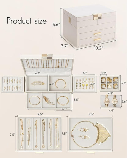 Vlando 4 Layers Jewelry Box - Women Jewelry Box with Retractable Tray - Jewelry Organizer with Drawer for Necklaces, Rings, Bracelets, Earrings, Valentines Gift for Mom Girls - Cloud White