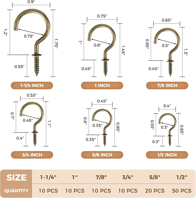 RELBRO Screw Hooks, 6 Sizes Metal Screw in Cup Hooks, 1/2 Inch, 5/8 Inch, 3/4 Inch, 7/8 Inch, 1 Inch, 1-1/4 Inch, Bronze, 110 Pcs