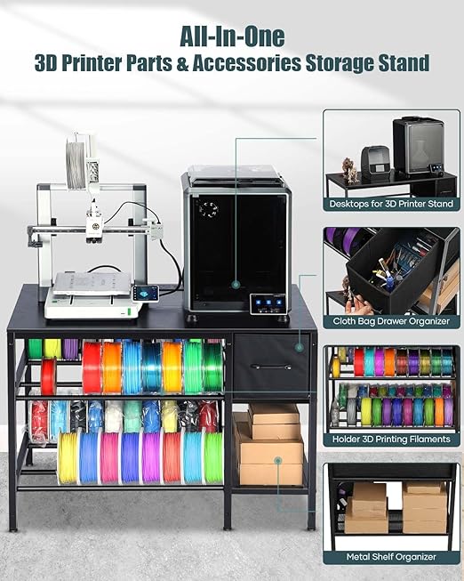 3D Printer Table with Filaments Storage - 3D Printer Stand Filament Storage Rack Heavy Duty 3D Print Desk with Drawer for Workshop Studio Office (Black)