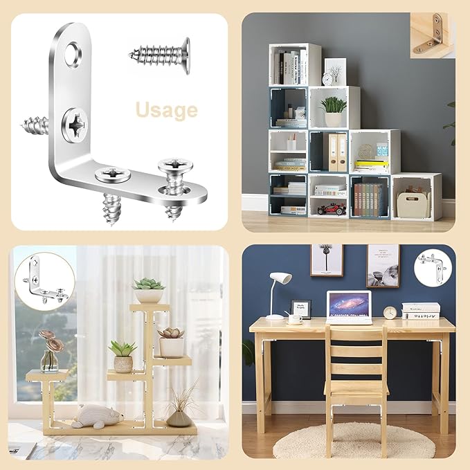 16pcs L Brackets 90 Degree Shelf Bracket Right Angle Corner Braces Stainless Steel Furniture Anchors Waterproof Mounting Fasteners with 64pcs Screws for Wood Connections and DIY Supports