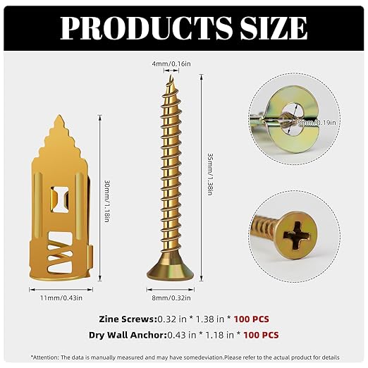 200 Pcs Self Drilling Drywall Anchors with Screws Kit, Metal Expansion Bolt for Drywall,No Drill Or Holes in Wall, Holds Up to 100lbs, for Tv, Shelves, Picture Frames