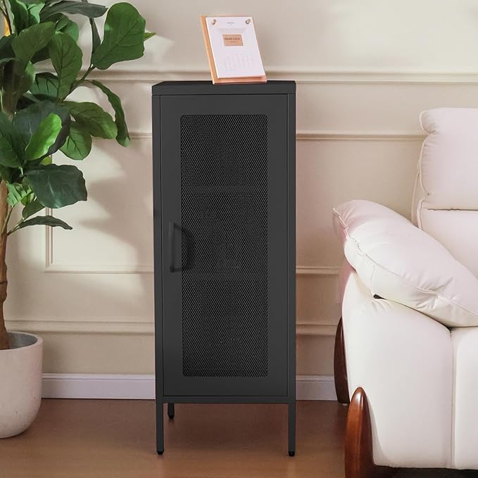 Slim Metal Storage Cabinet with Mesh Doors - 42'' Tall Narrow Organizer Tower, Compact Freestanding Cabinet, Versatile Utility Storage for Home, Office, Bedroom, or Kitchen, Durable and Modern Design