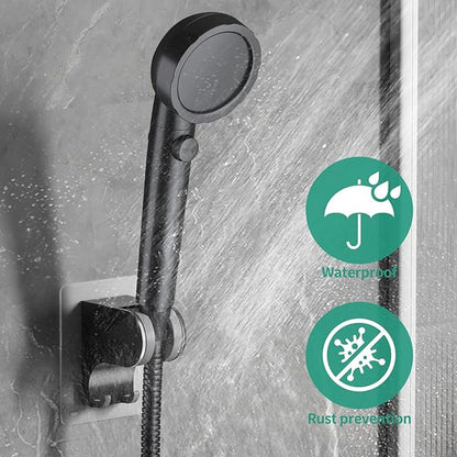 Hand Held Shower Head Holder Wall Mount, Shower Hose Holder Adhesive with 2 Hanger Hooks, Adjustable Shower Handle Holder, No Drilling Shower Wand Holder (Black, 1 Pack)