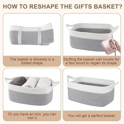 OIAHOMY Woven Basket, Gift Basket Empty with Gift Bags and Ribbons, Rope Baskets for Baby Showers, Storage Baskets with Handles for Nursery, Pet Toy Organizer - Grey & White