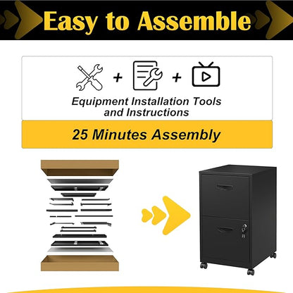 2 Drawer File Cabinet with Lock，Black Rolling File Cabinet for Home Office, Metal Small Mobile Filing Cabinets on Wheels for Hanging Letter