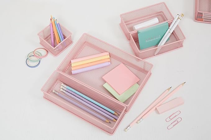 Annova Mesh Stackable Drawer Cabinet and Shelf Organizer Bins Storage Basket School Office Supply Holder Tray- Set of 2 (Light Pink, 6x9x2 Inch)