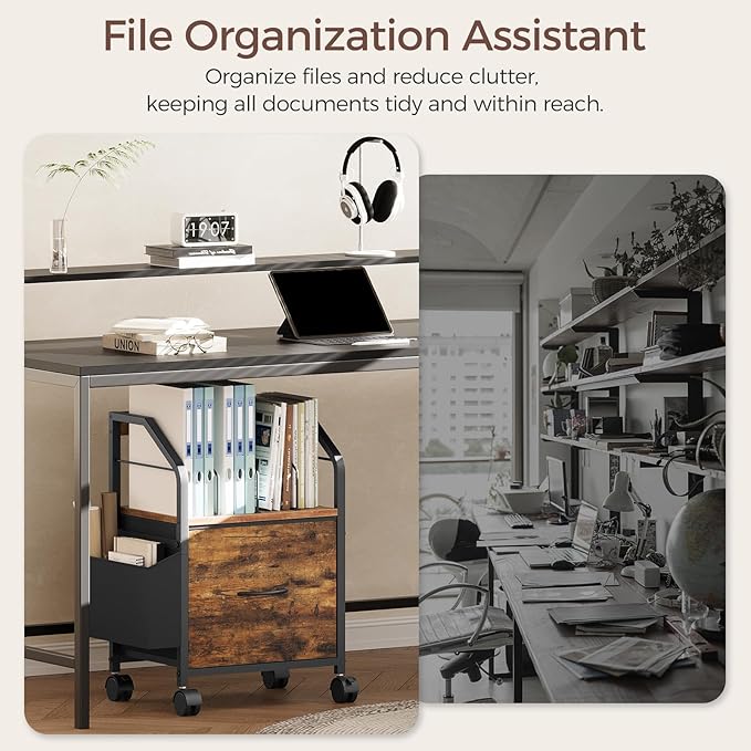 Small File Cabinet, Rolling Filing Cabinet for Under Desk with Divider, Single Non-Woven Fabric Drawer File Organizer for A4/Letter Size Documents, Under Desk Storage, Rustic Brown FCHR3001