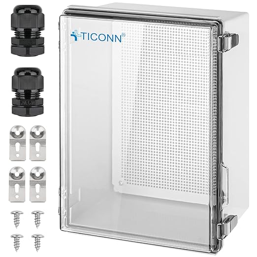 TICONN Outdoor Electrical Box Waterproof, Junction Box IP67 ABS Plastic Enclosure with Hinged Cover with Mounting Plate, Wall Brackets, Cable Glands (Clear, 13.8"x9.8"x5.9")