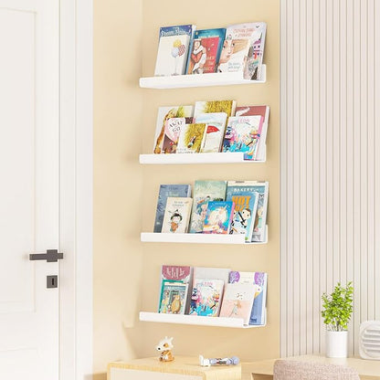 upsimples Acrylic Shelves for Wall Decor, 15" Display Shelf Perfume Organizer for Bathroom, Bedroom, Living Room, Floating Bookshelves for Kids, White, 4 Pack | for Kids, Display Shelf, Organizer, for Bathroom, Bedroom, Living Room Decor