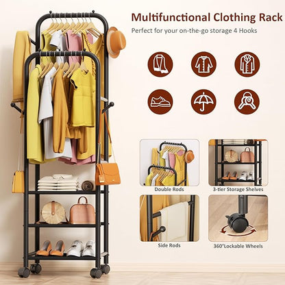 Furologee Rolling Clothing Racks for Hanging Clothes, Double Rods Clothes Rack With Wheels, Sturdy Coat Racks,Portable Metal Garment Rack for Bedroom Laundry Living Room, Black