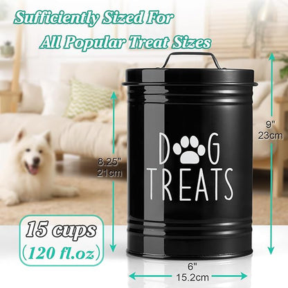 Extra Large Dog Treat Container Airtight - 9" Tall X 6" Round Black Dog Treat Jar for Kitchen Counter - Rustic Treat Storage Canister for Dogs, Cats, Small Animals