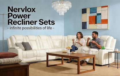 Power Recliner Sectional Sofa Set, Reclining Sectional Sofa with LED, Creamy White Power Recliner Couch Set and Chair, Sturdy Footrest Recliner Chair, Breathable Leather with Read Light